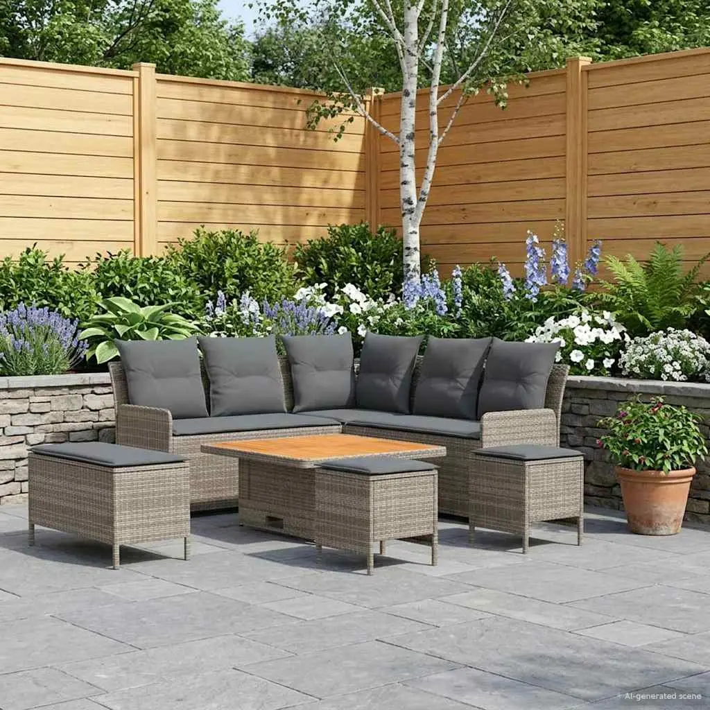 Outdoor Furniture Set PE Rattan Acacia Wood 7 Pieces Grey