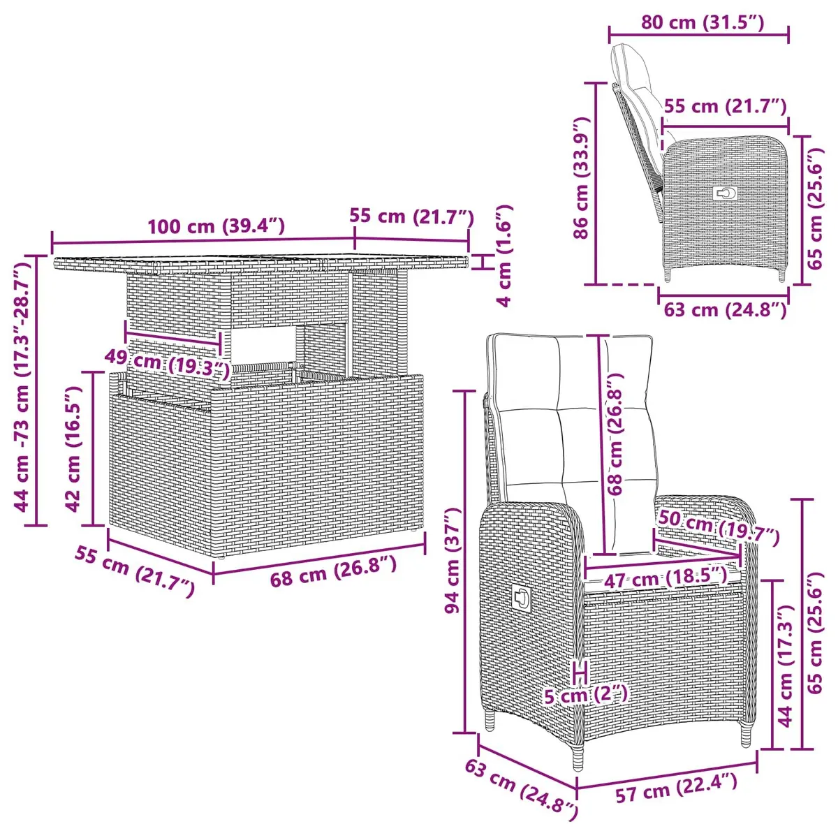 Outdoor Dining Set Poly Rattan Steel 3 Piece Black