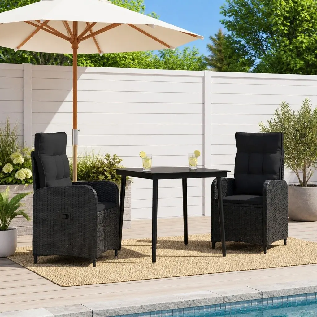3 Piece Black PE Rattan Sofa Table Set