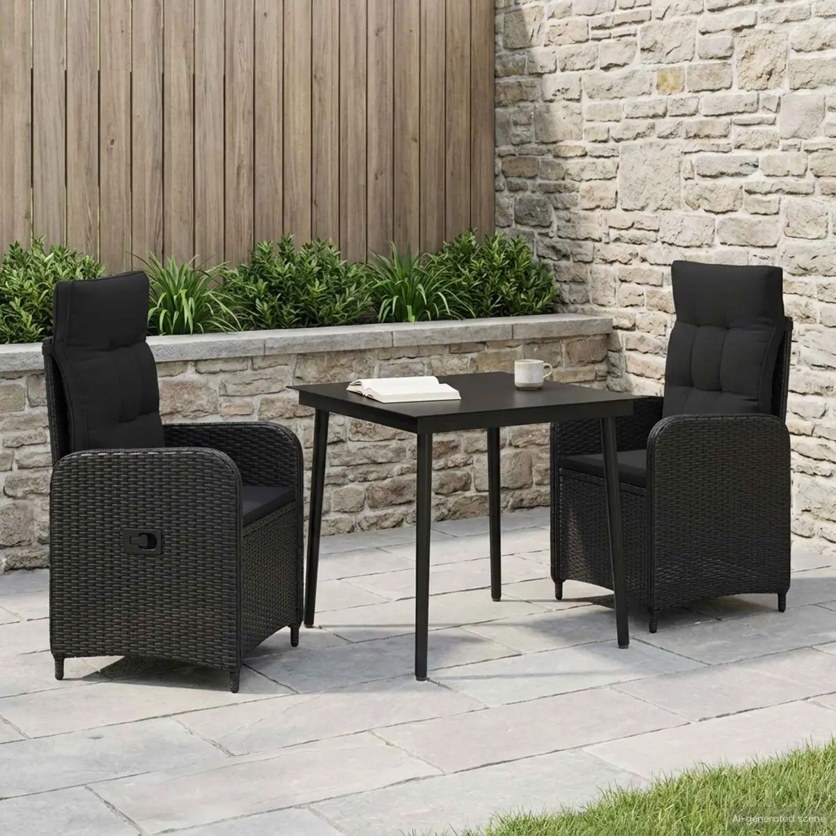 3 Piece Black PE Rattan Sofa Table Set