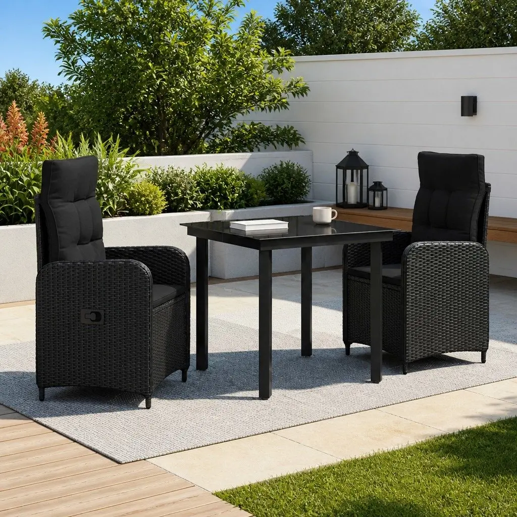 3-Piece Black Rattan Sofa Table Set for Outdoors