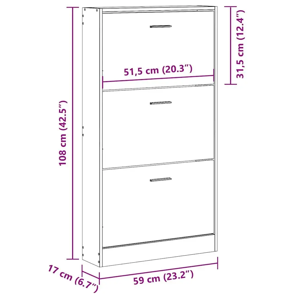 White Shoe Cabinet with 3 Drawers 59x17x108 cm