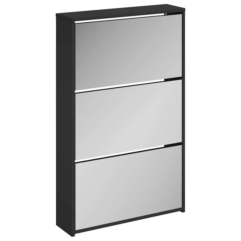 Black 3-Layer Shoe Cabinet with Mirror