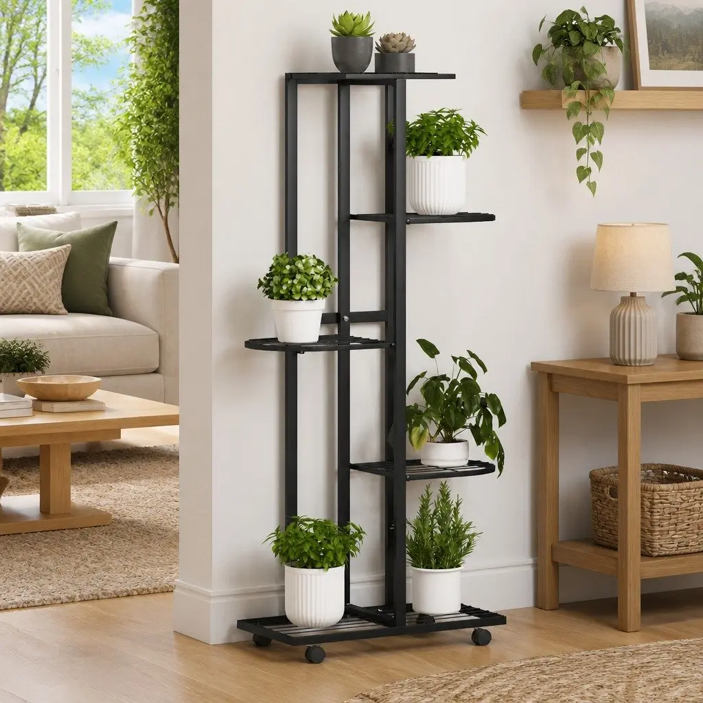 5-Tier Iron Flower Stand with Wheels Black Plant Rack Corner Shelf Display Stand