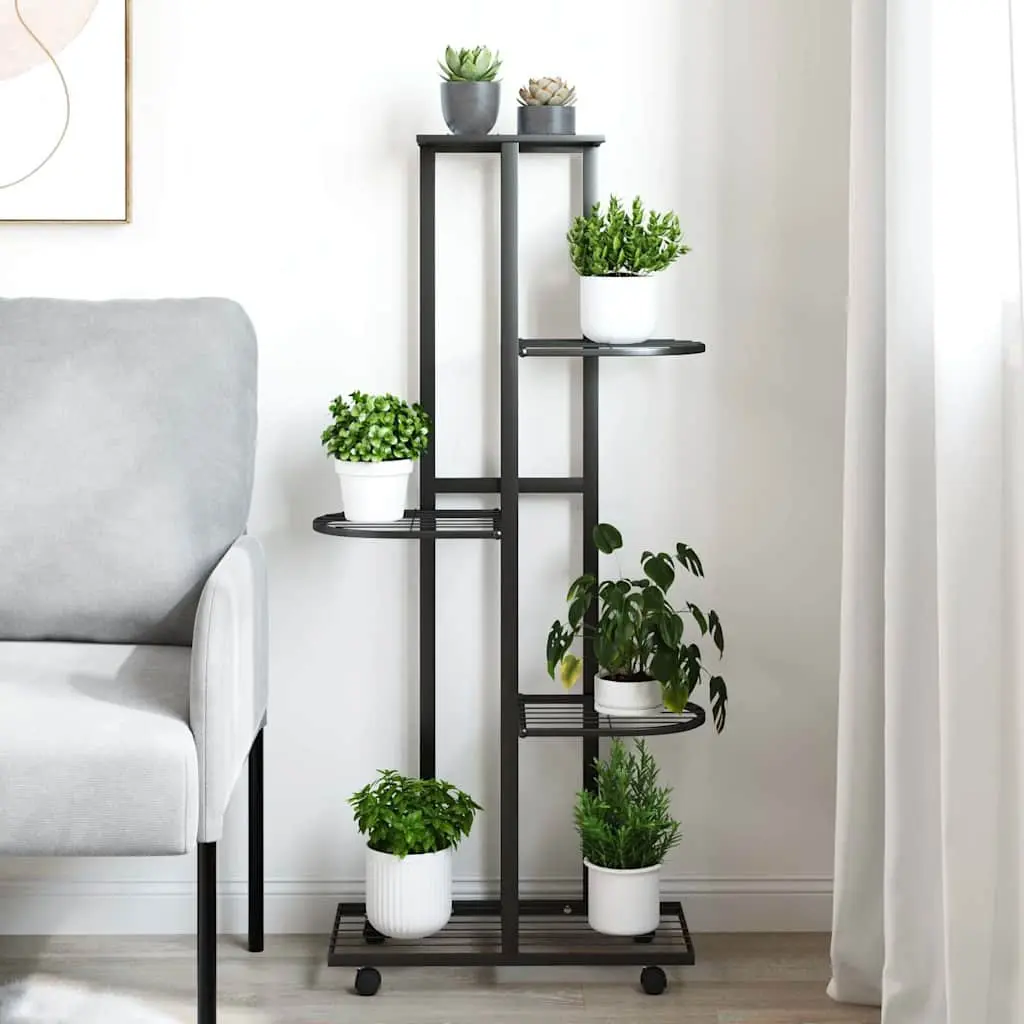 5-Tier Iron Flower Stand with Wheels Black Plant Rack Corner Shelf Display Stand