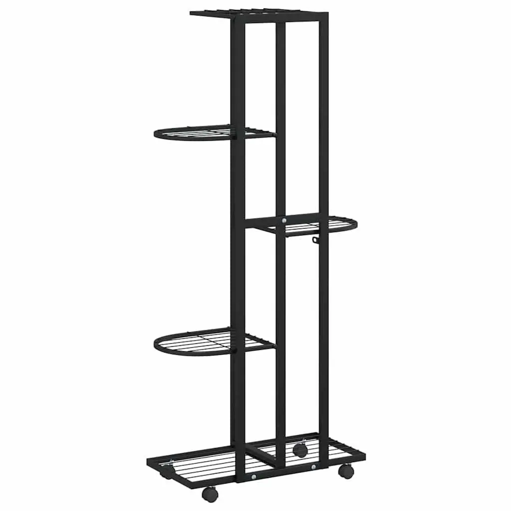 5-Tier Iron Flower Stand with Wheels Black Plant Rack Corner Shelf Display Stand