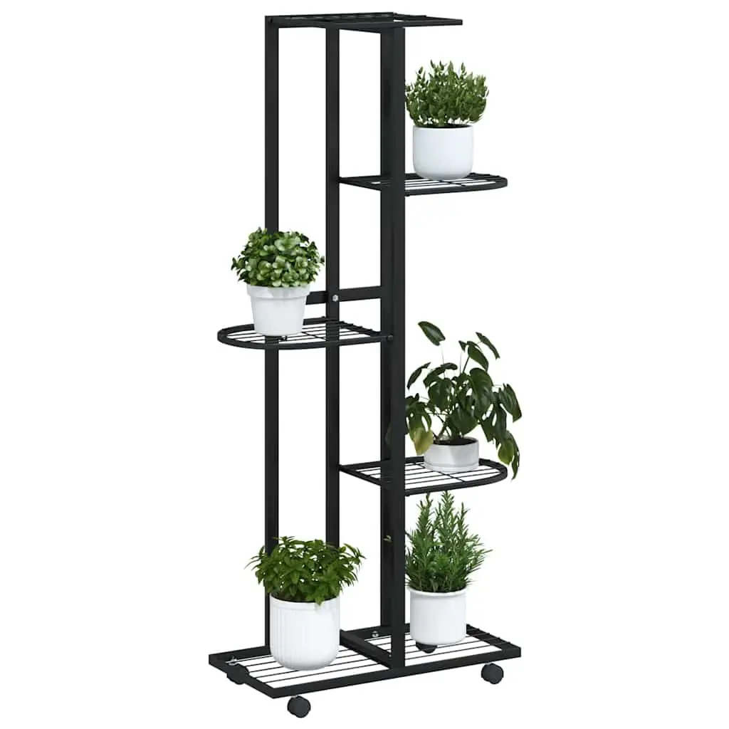 5-Tier Iron Flower Stand with Wheels Black Plant Rack Corner Shelf Display Stand