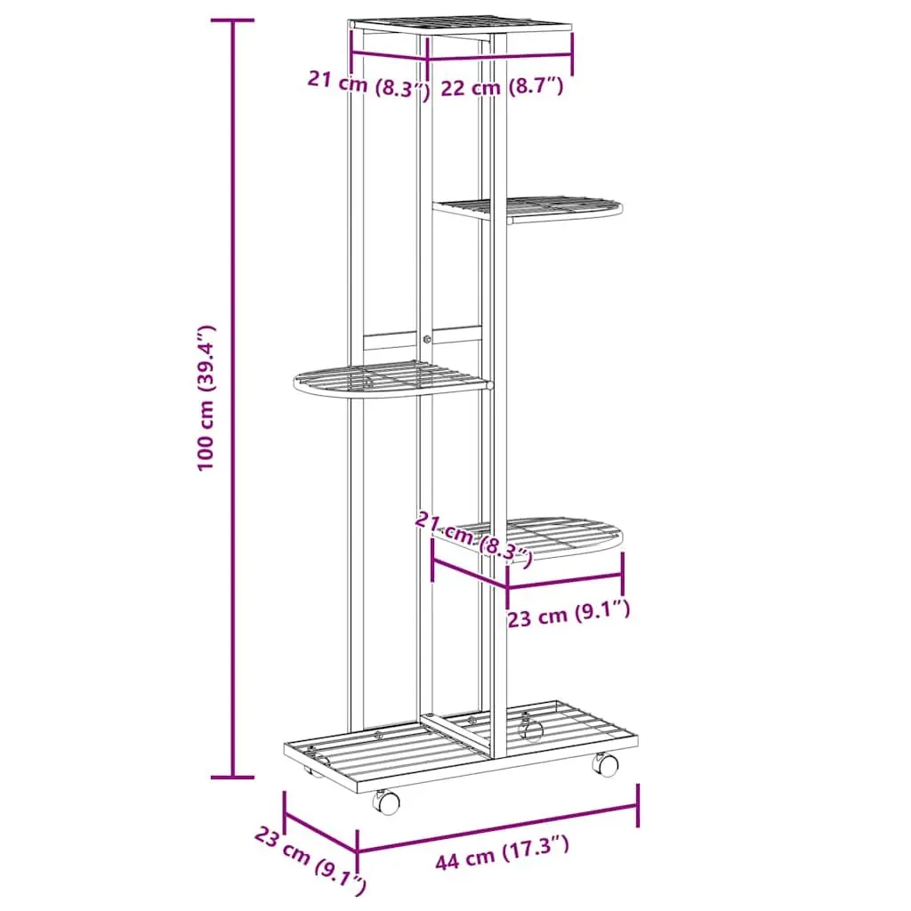 5-Tier Iron Flower Stand with Wheels Black Plant Rack Corner Shelf Display Stand