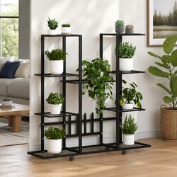 Sturdy Black Iron Plant Stand on Wheels for Display