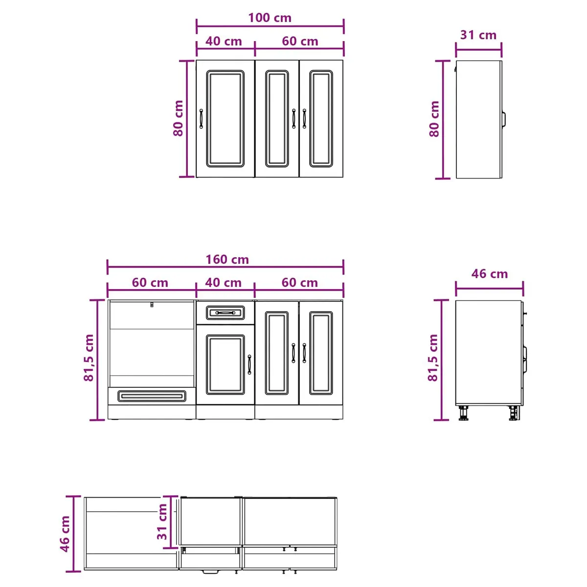 Kitchen Unit Engineered Wood 5 Pieces White Storage Cabinets Adjustable Shelves