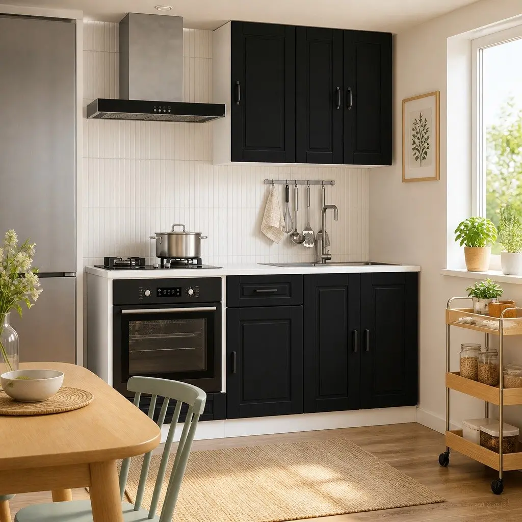 5 Piece Black Kitchen Cabinet Unit Engineered Wood Storage Furniture