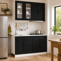 Stylish Black Engineered Wood Kitchen Unit with 4 Pieces