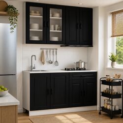 Kitchen Unit PORTO 4 Pieces Black Storage Cabinet Engineered Wood Modern Design