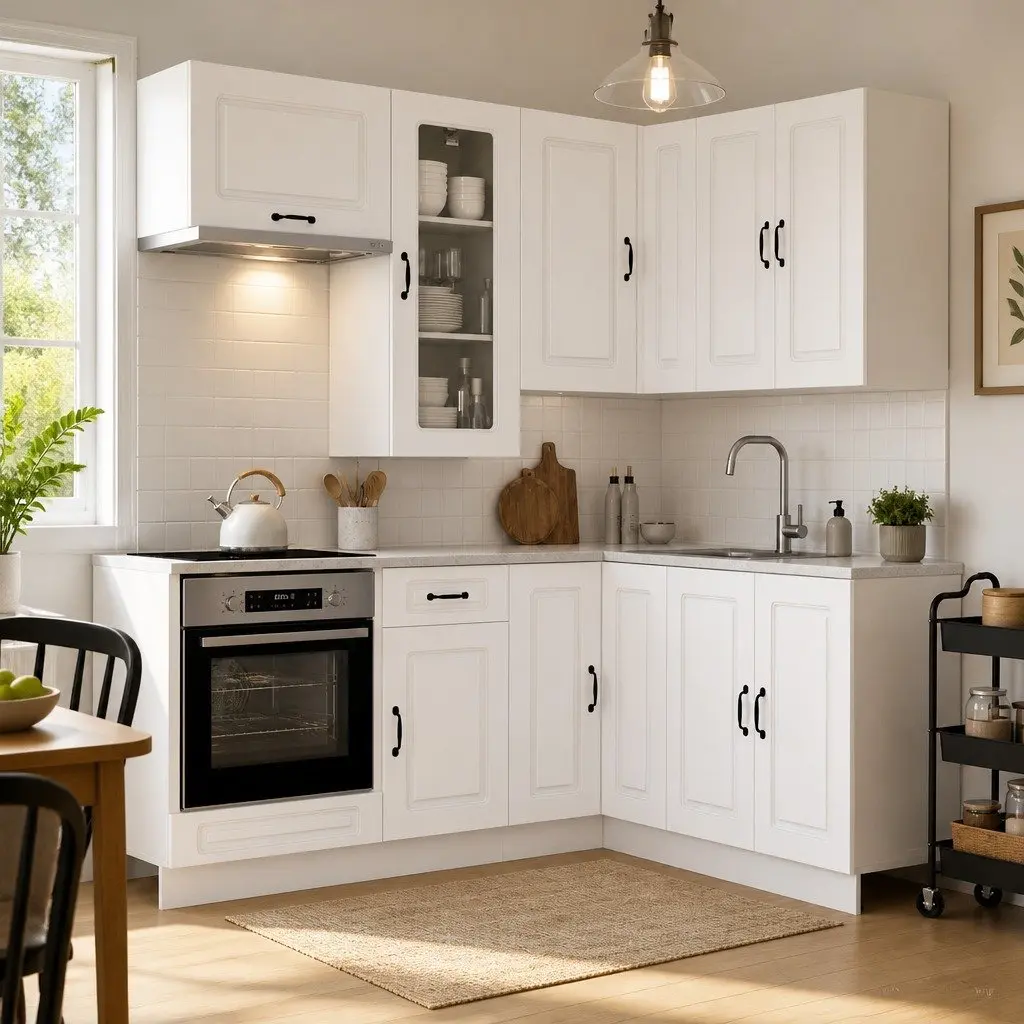 8-Piece White Engineered Wood Kitchen Cabinets