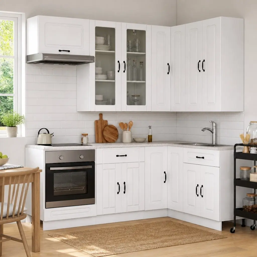8-Piece White Engineered Wood Kitchen Cabinet