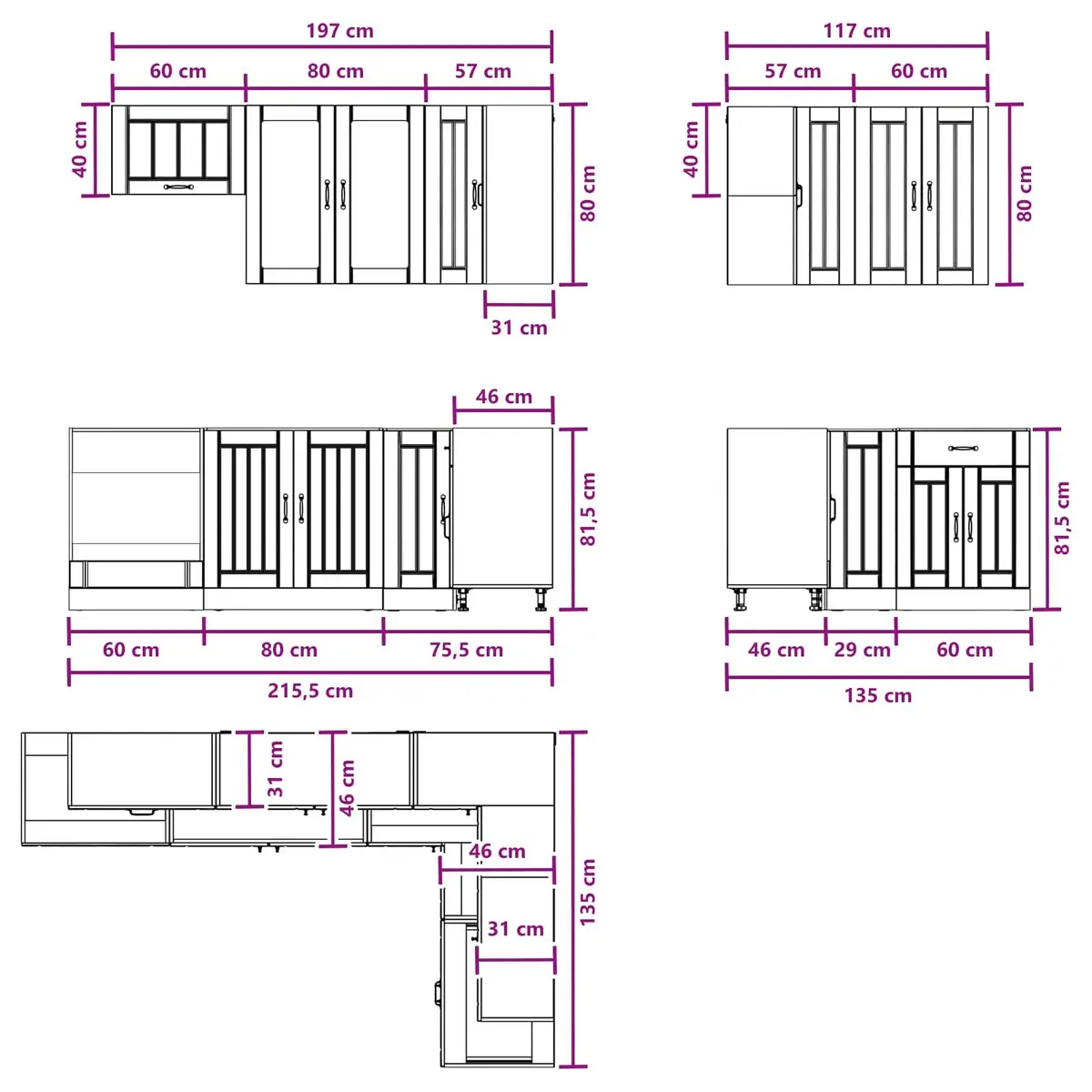 8-Piece White Kitchen Storage Unit with Adjustable Feet