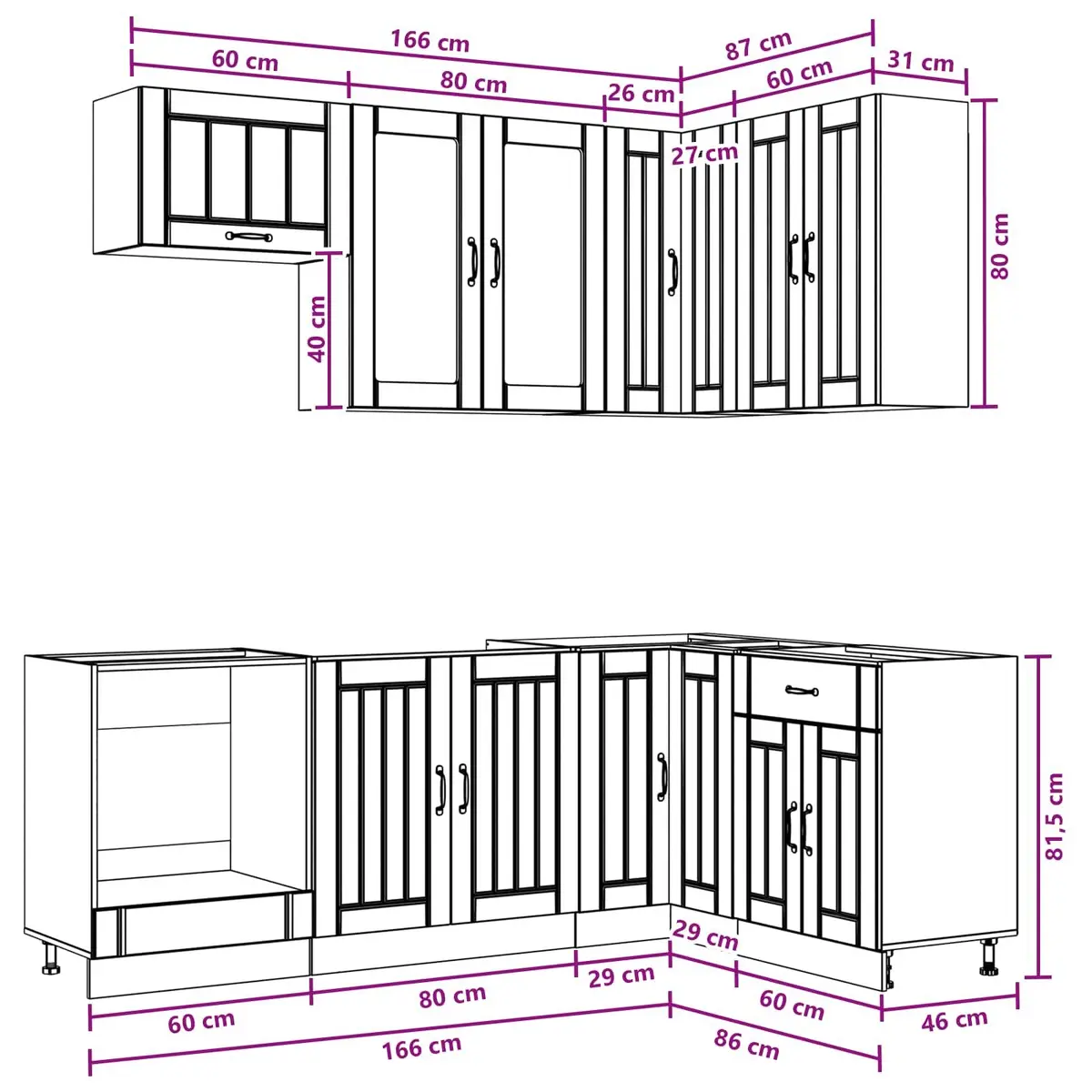 8-Piece White Kitchen Storage Unit with Adjustable Feet