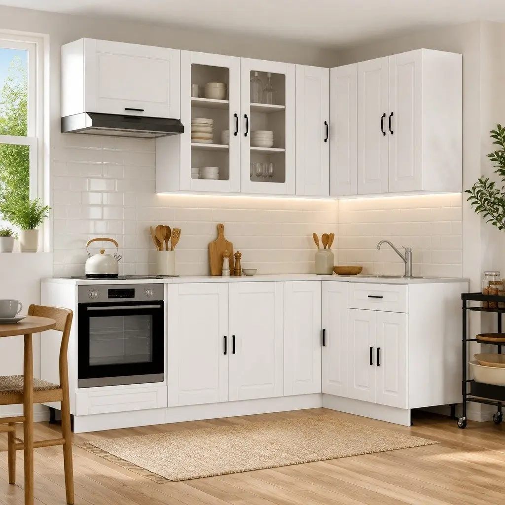 8-Piece Modern White Engineered Wood Kitchen Cabinet Unit