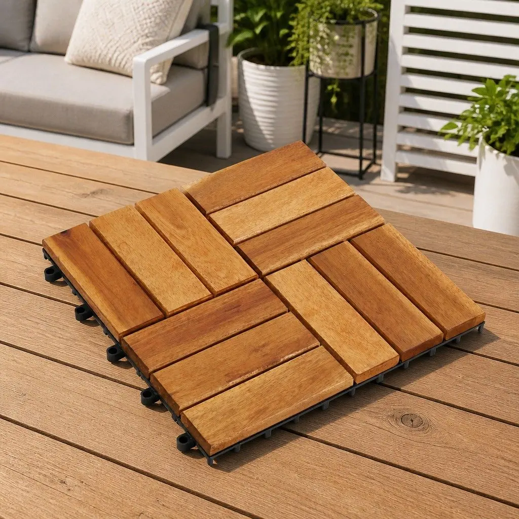 Interlocking Decking Tiles Brown Acacia Hardwood 30x30cm Square Outdoor Patio