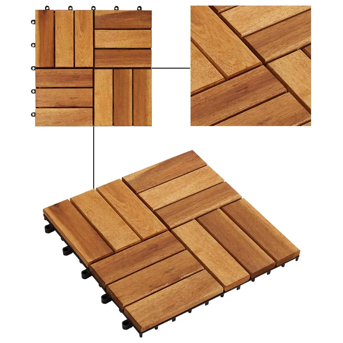 Interlocking Decking Tiles Brown Acacia Hardwood 30x30cm Square Outdoor Patio