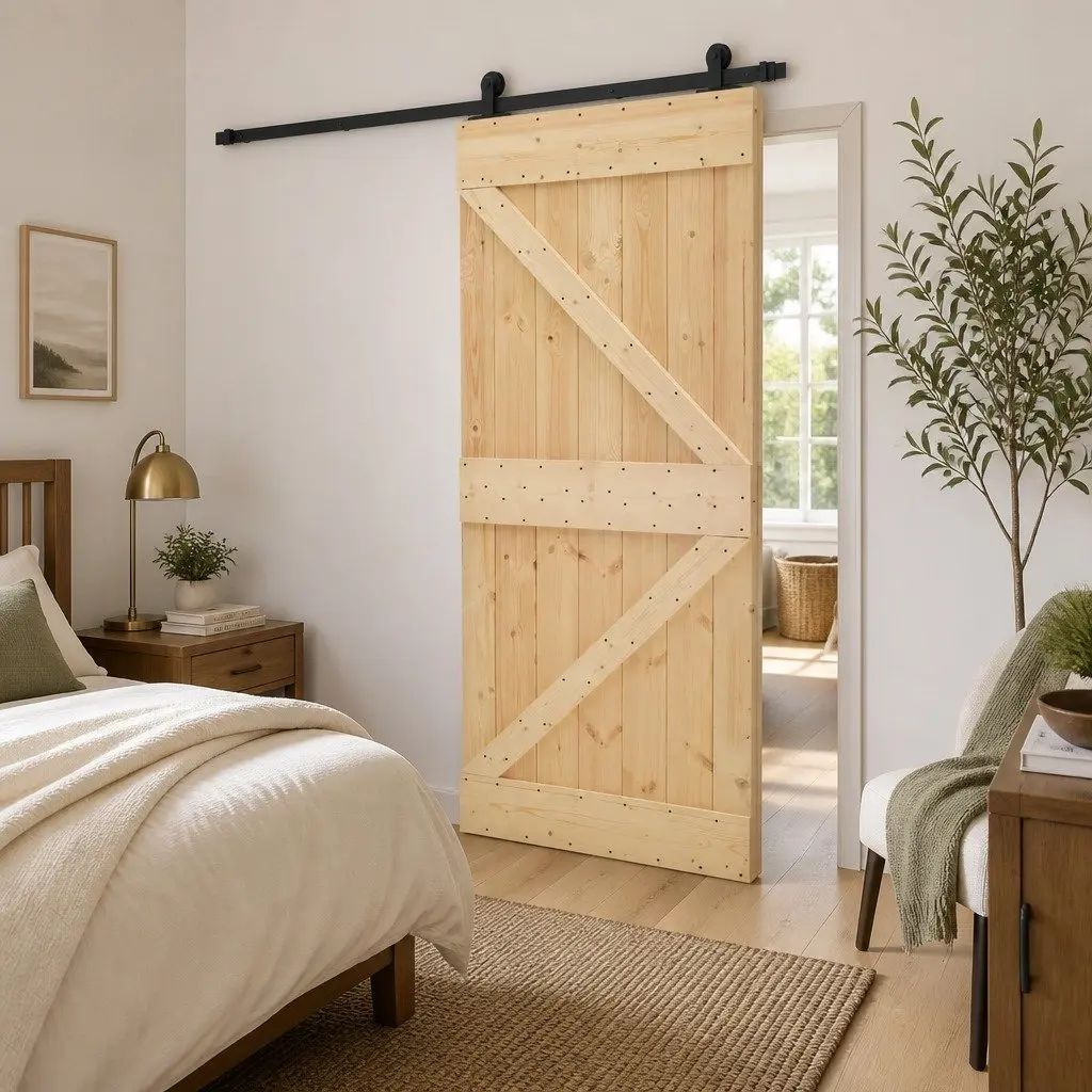 Room Divider with Sliding Door in Solid Pine Wood