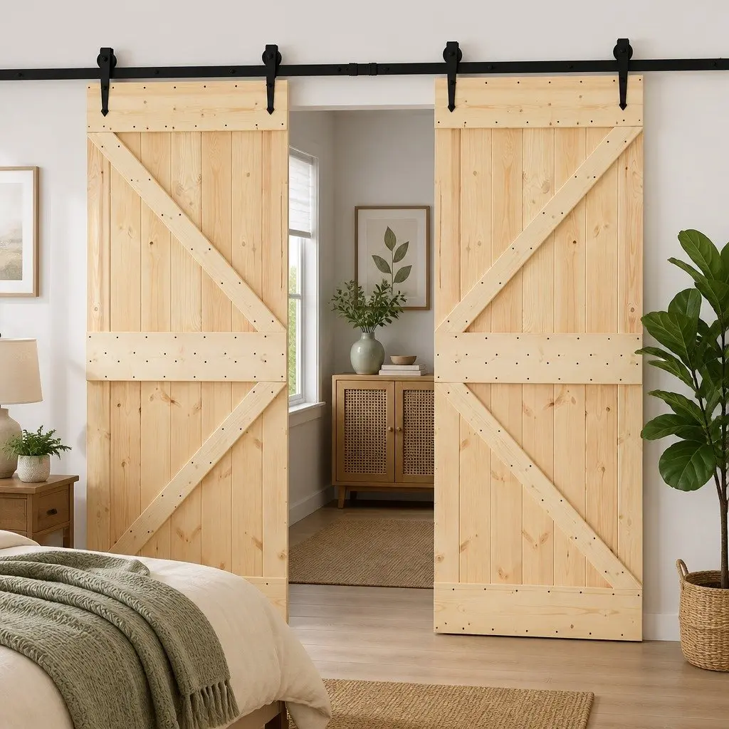 Solid Pine Wood Sliding Door Set for Interiors