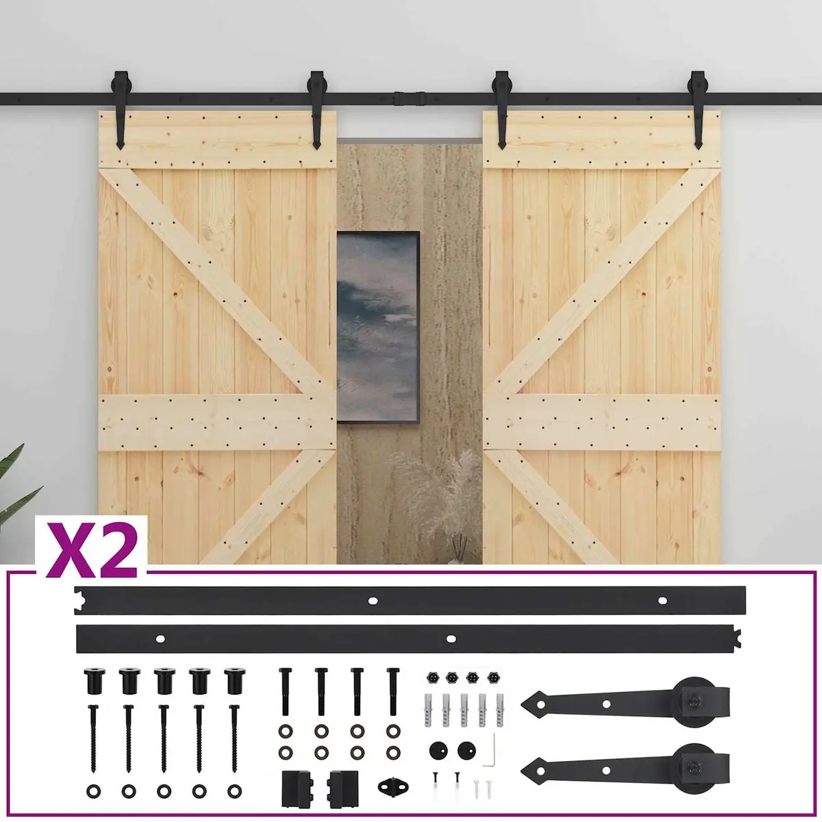 Solid Pine Wood Sliding Door Set for Interiors