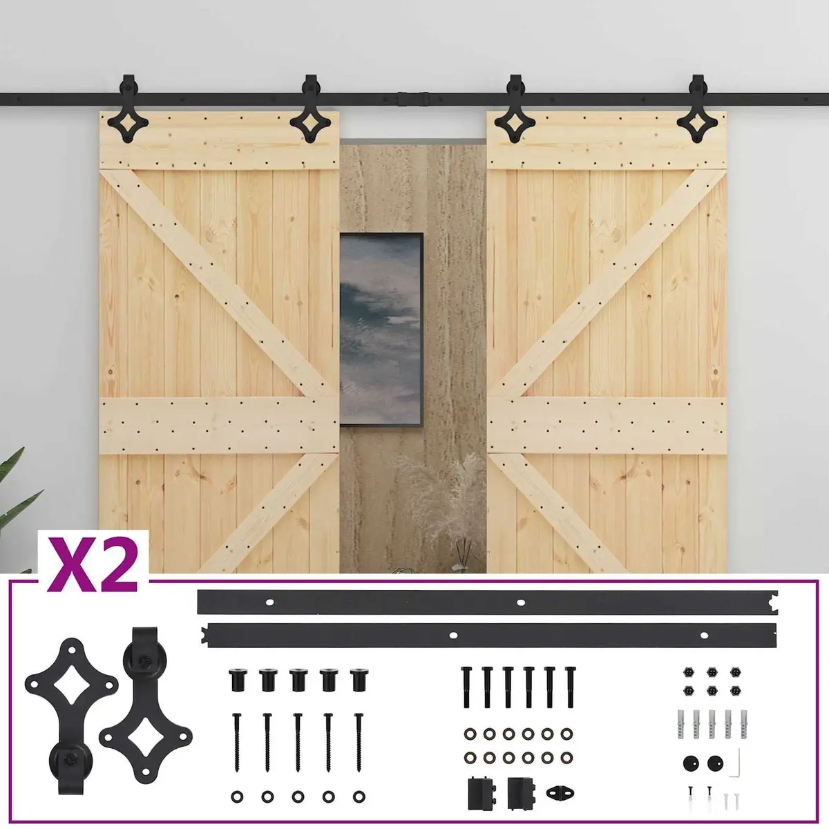 Solid Pine Wood Sliding Door Room Divider, 2 pcs