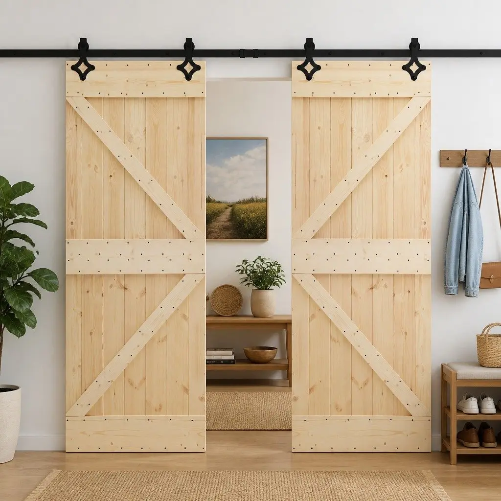 Solid Pine Wood Sliding Door Set, 80 x 210 cm