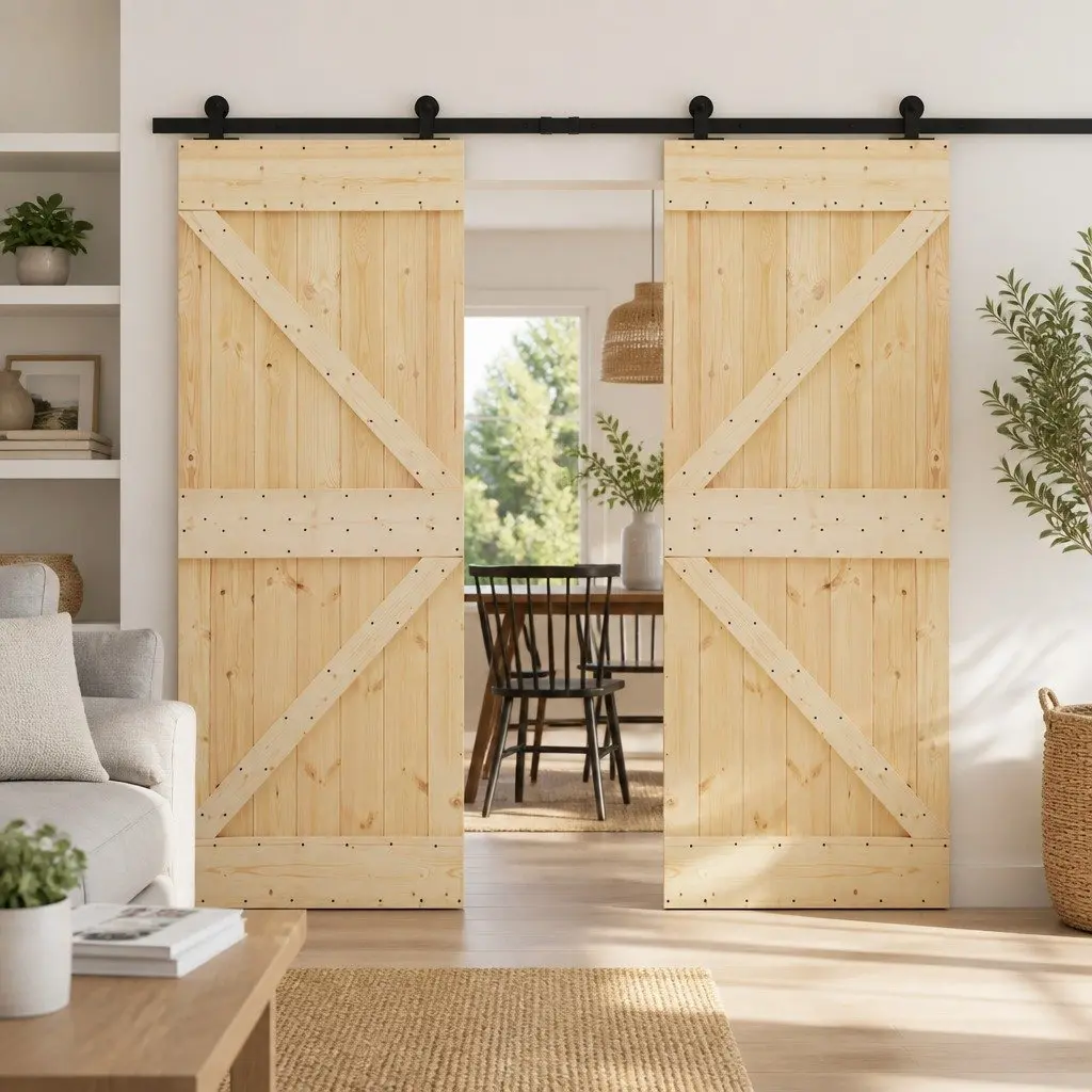 Solid Pine Wood Sliding Doors with Steel Track System