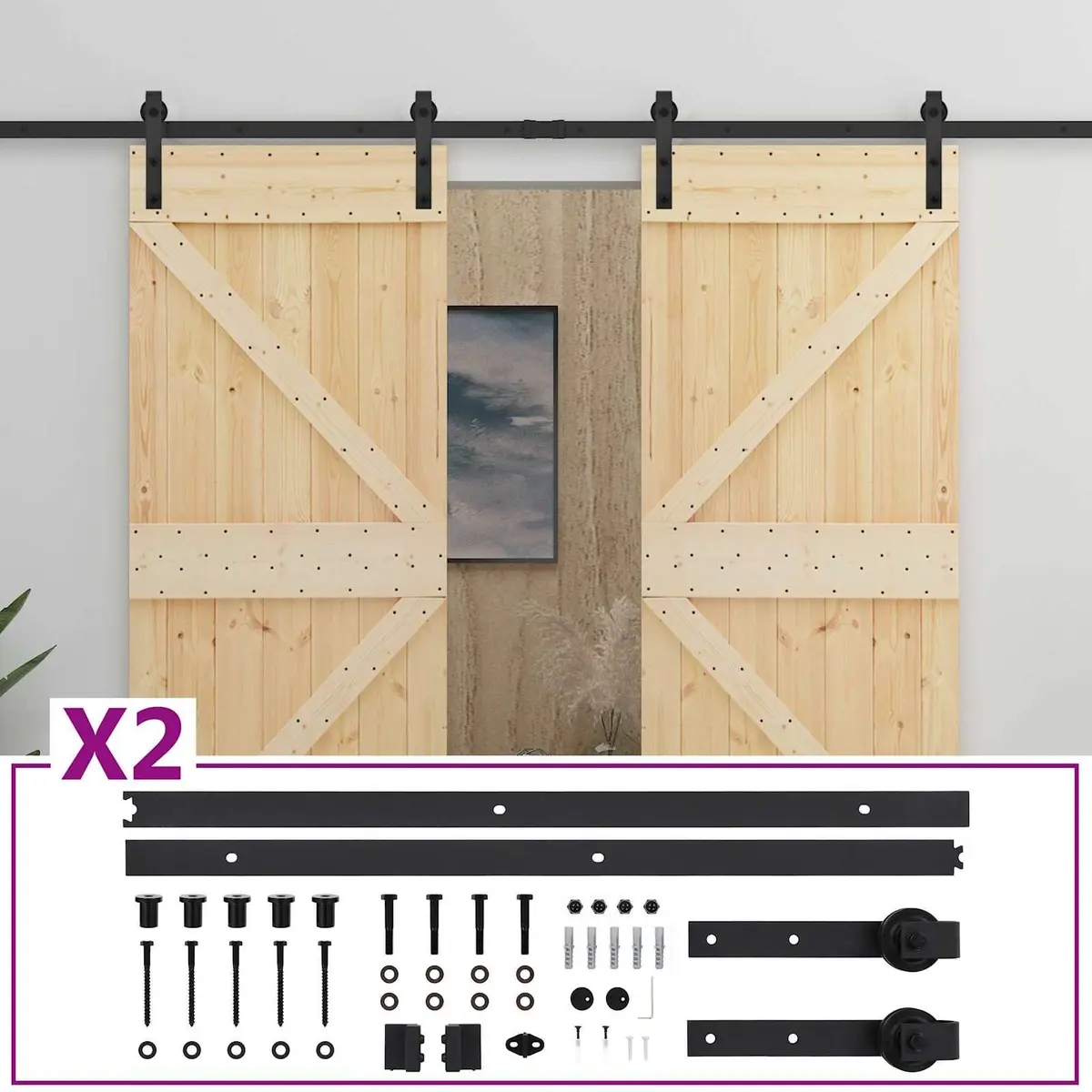 Solid Pine Wood Sliding Door with Steel Track