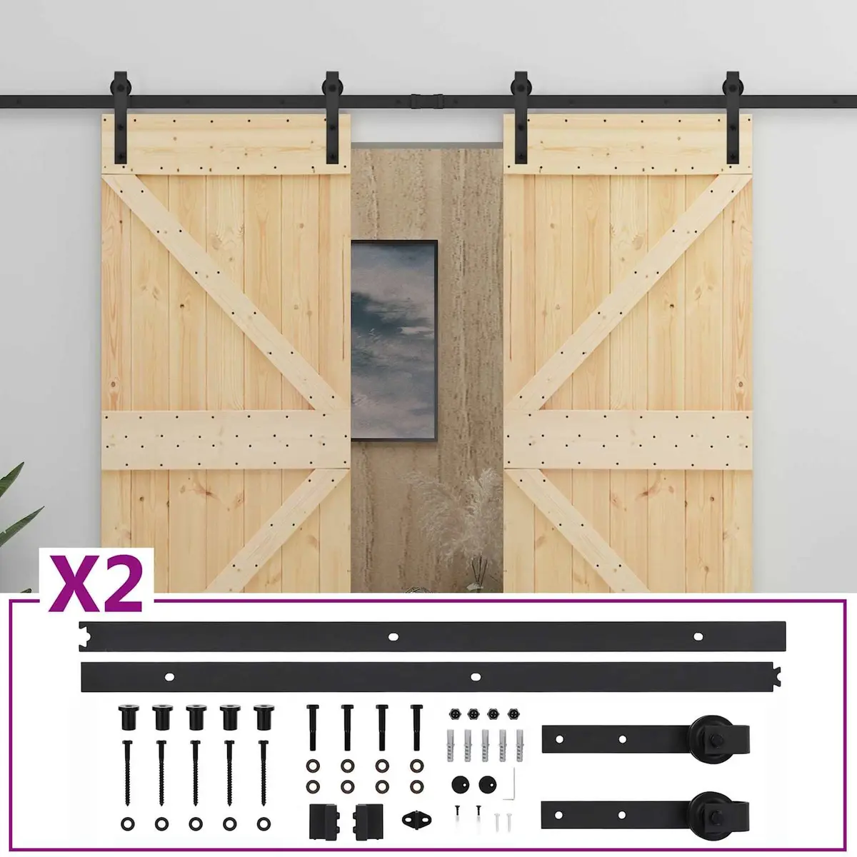 Sliding Door Set of 2, 80 x 210 cm, Solid Pine