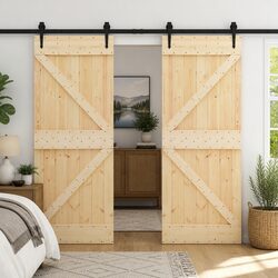 Sliding Door 2 pcs Natural Black Solid Pine Wood Modern Interior Room Divider
