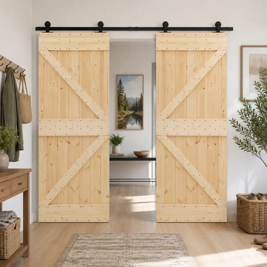 Sliding Door 2 pcs Solid Pine Wood Modern Space-Saving Interior Room Divider