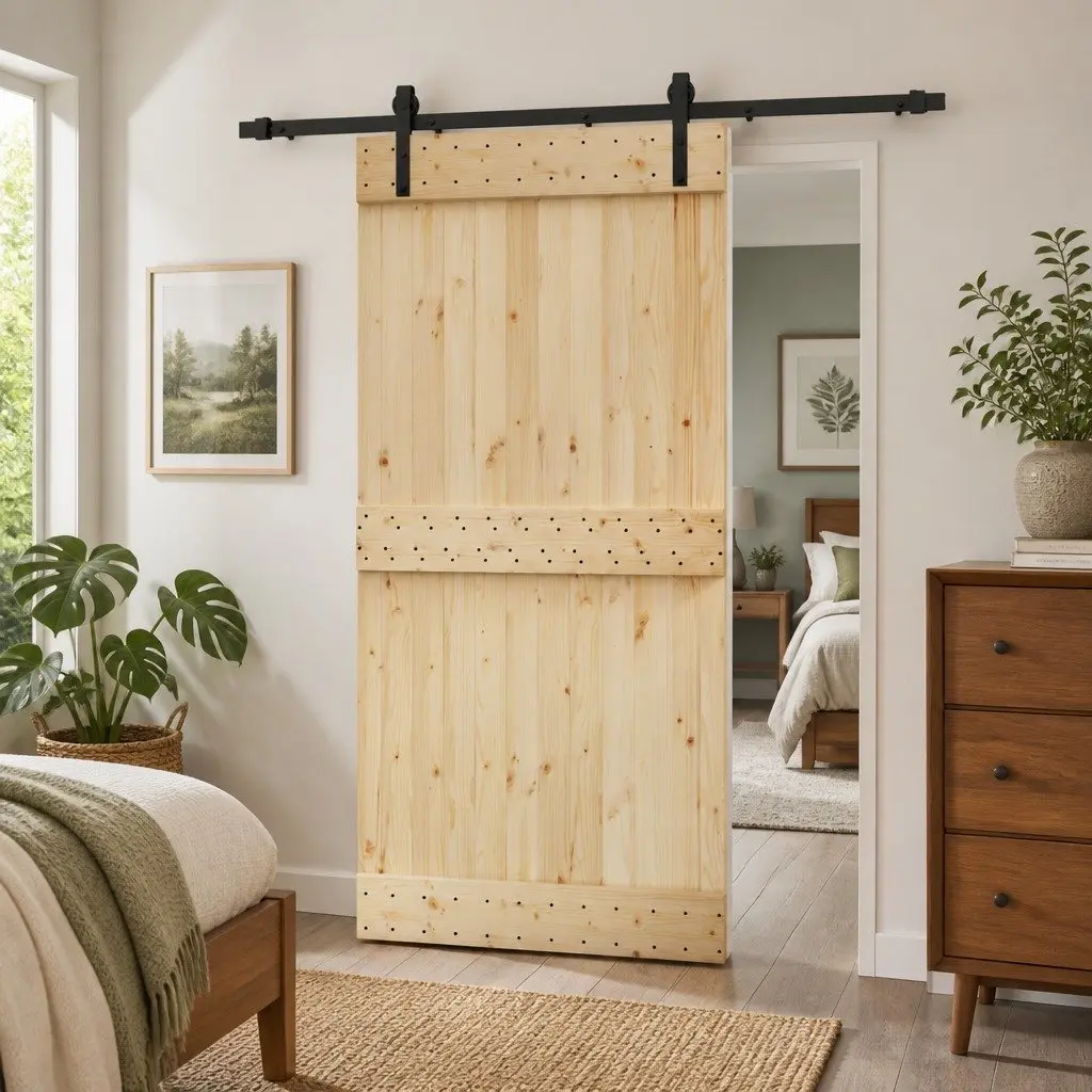 Sliding Door with Natural Pine Wood and Black Frame