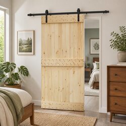 Durable Sliding Door with Natural Pine Wood and Black Frame