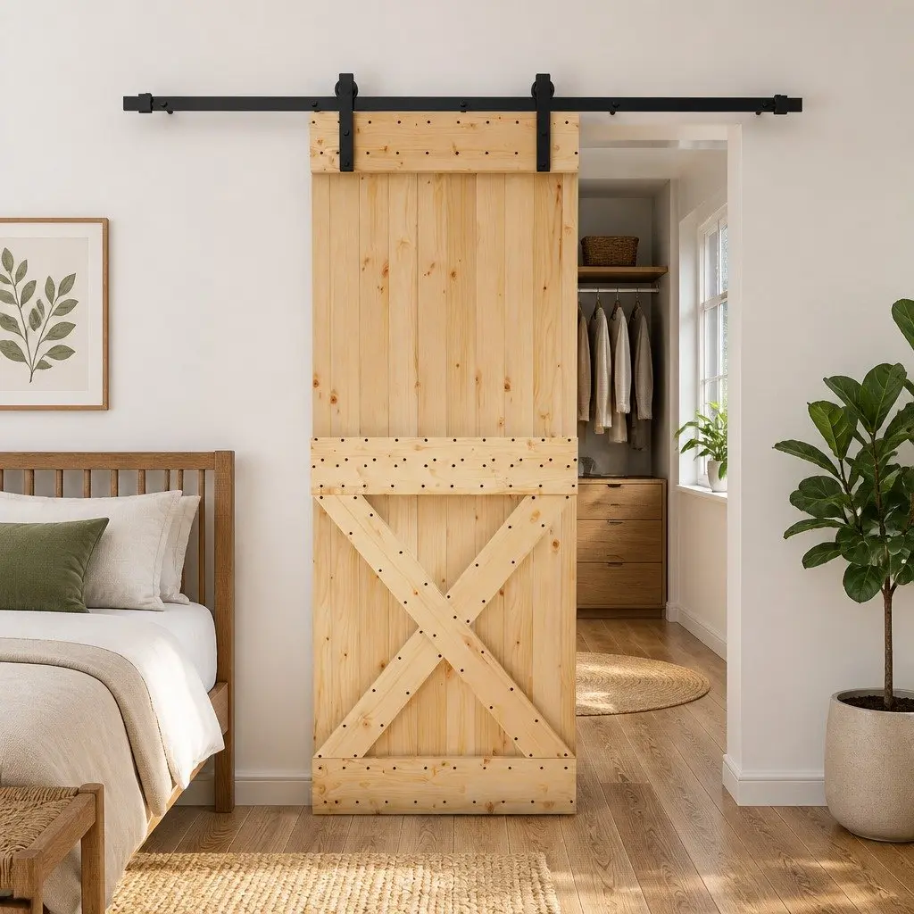 Natural Brown Solid Pine Wood Sliding Door 80 x 210 cm