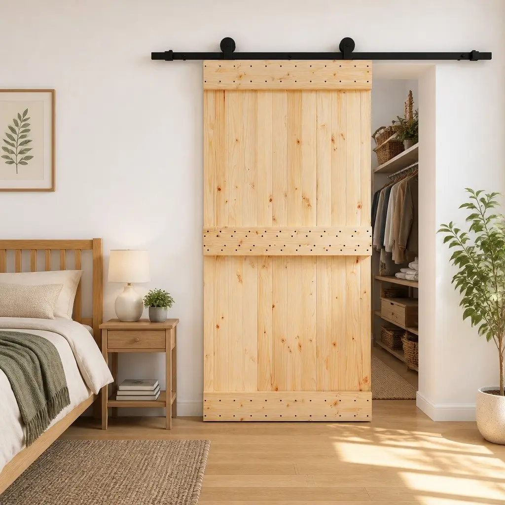 Natural Brown Black Solid Pine Wood Sliding Door