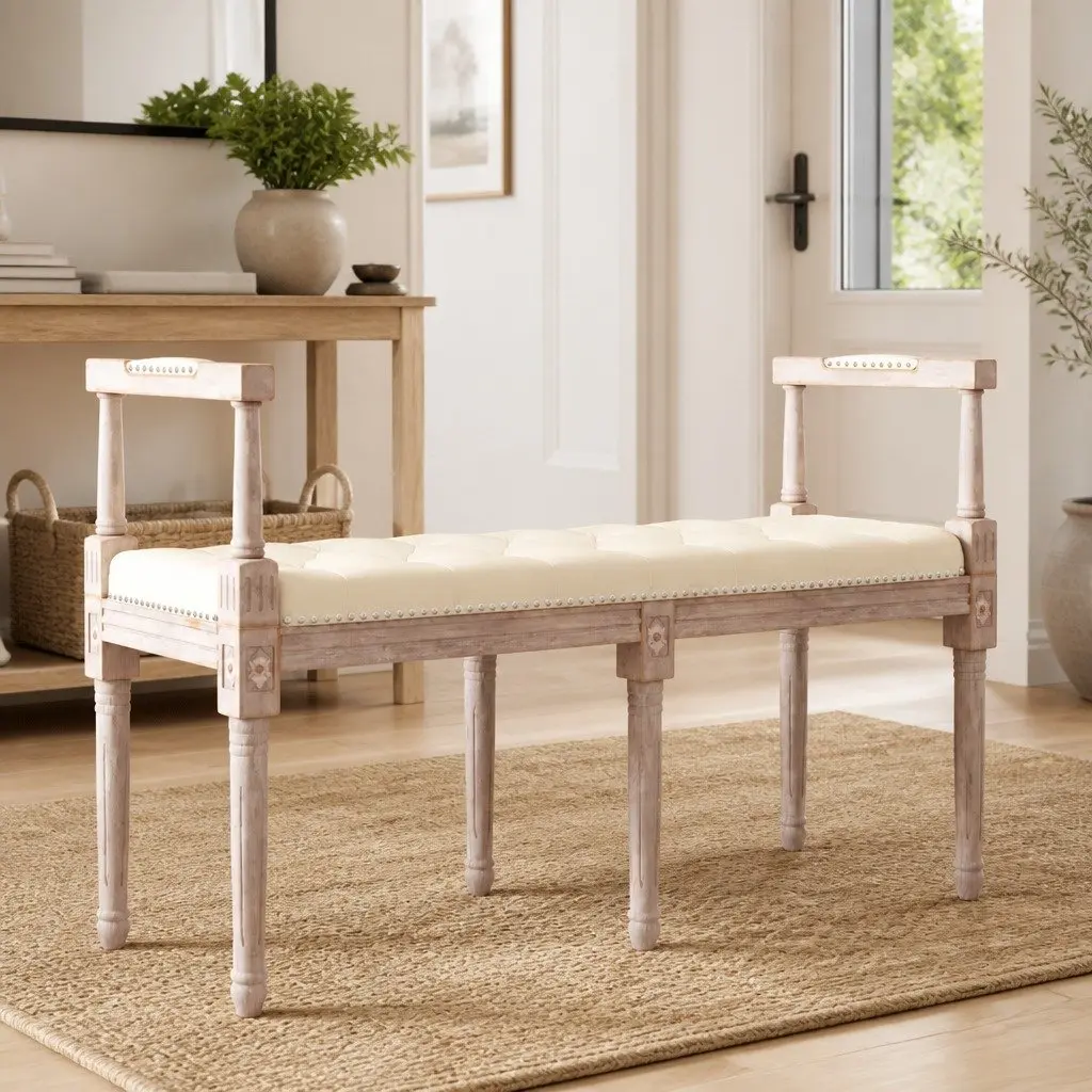 Bench Linen 110x40x70 cm Beige Upholstered Tufted Wood Legs