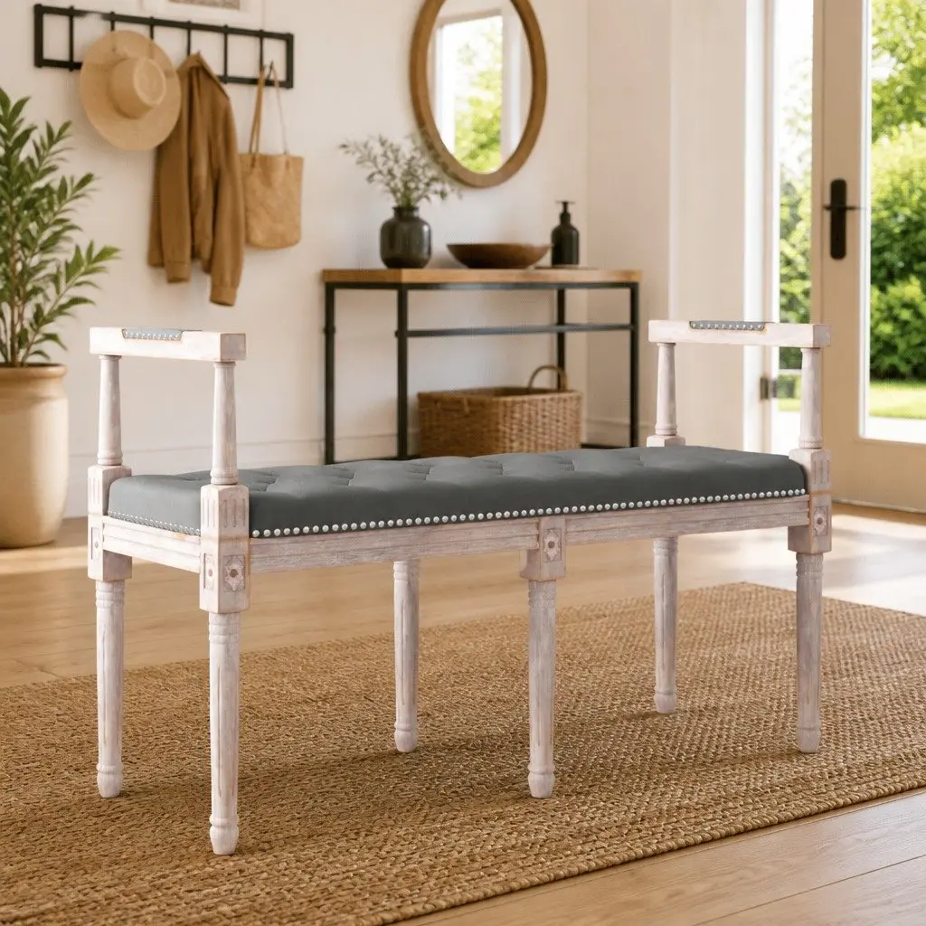 Grey Fabric Bench with Wooden Legs for Living Spaces