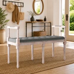 Durable Grey Fabric Bench with Wooden Legs for Living Spaces