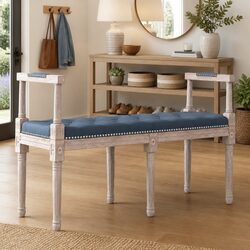 Velvet Upholstered Grey Tufted Bench with Wooden Legs