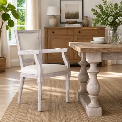Dining Chair Linen Seat Wooden Frame Armrest Kitchen Living Room Furniture