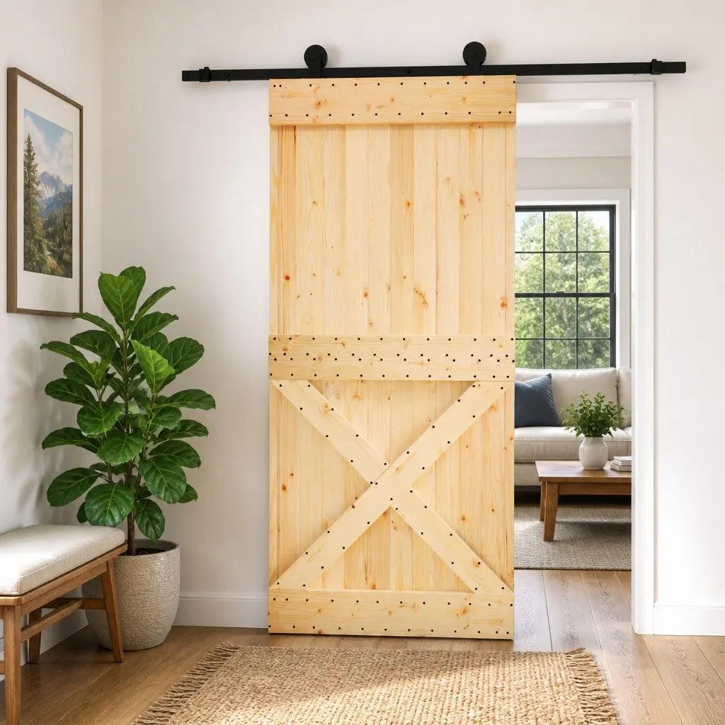 Sliding Door in Solid Pine Wood with Black Hardware