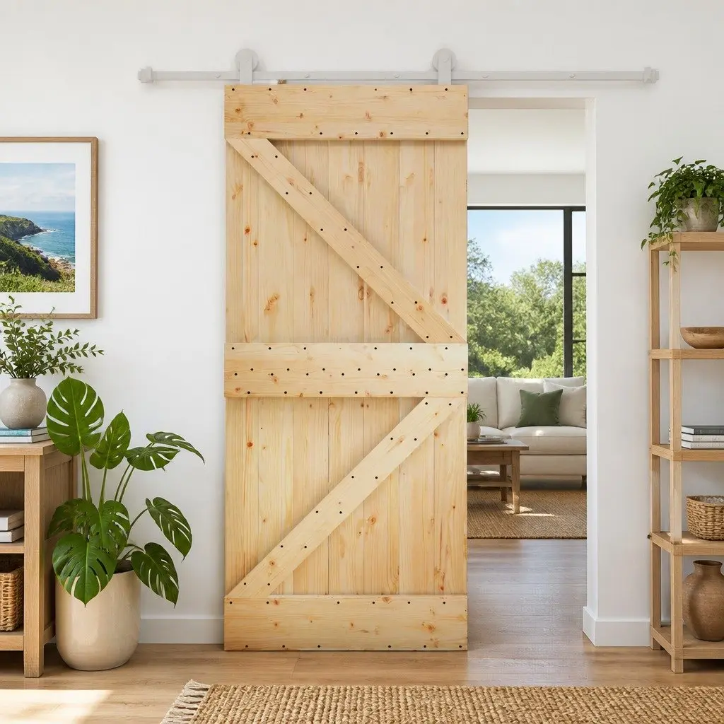 Solid Pine Wood Sliding Door with Steel Track