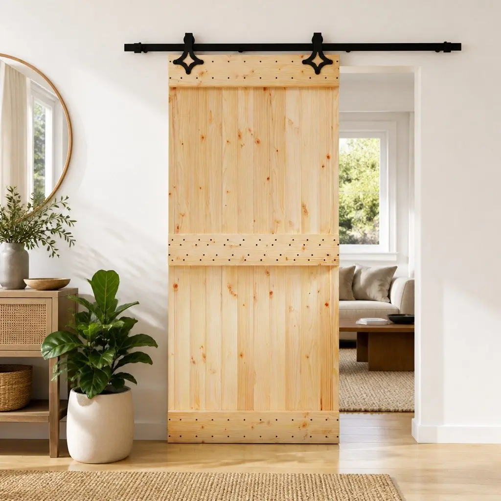 Sliding Door in Natural Brown Solid Pine Wood 95 x 210 cm
