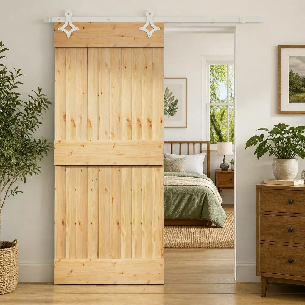 90 x 210 cm Natural White Solid Pine Wood Sliding Door