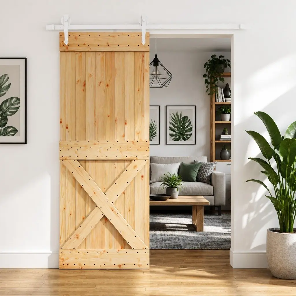 Sliding Door Solid Pine Wood 80 x 210 cm Brown Modern Room Divider Space-Saving Track System