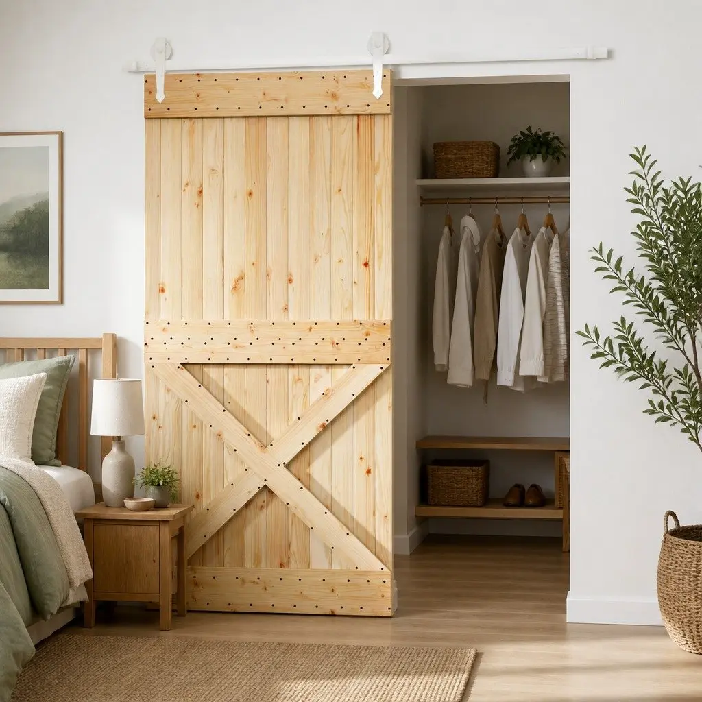 Space-Saving Sliding Door in Solid Pine Wood 95x210cm