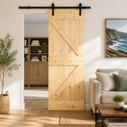 Modern Black Track Sliding Door with Natural Pine Wood 70x210cm